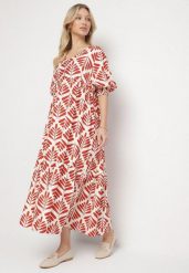 Czerwona Rozkloszowana Sukienka z Wiskozą z Motywem Roślinnym Loredia. Czerwone sukienki damskie Born2be, bez wzorów, z jeansu, eleganckie, bez ramiączek. Za 159.99 zł.