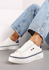 Biało-Granatowe Basicowe Sneakersy na Platformie Ozdobione Metalicznymi Wstawkami Vaiden. Białe obuwie sportowe damskie Renee, bez zapięcia. Za 59.99 zł.