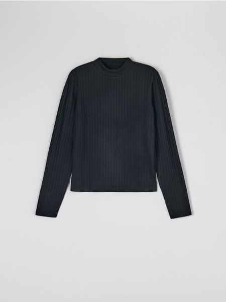 Koszulka ze stójką - czarny. Czarne koszulki damskie Sinsay, l, bez wzorów, prążkowane, bez kołnierzyka, bez ramiączek. Za 29.99 zł.