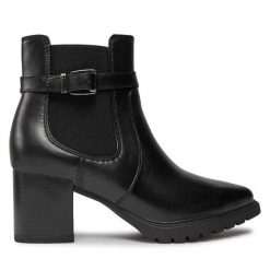 Botki Tamaris. Czarne botki damskie Tamaris, bez obcasa, na słupku, bez zapięcia. Za 399.99 zł.