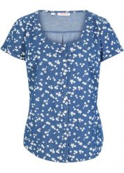 Bluzka dżinsowa z bawełny organicznej. Niebieskie bluzki damskie bonprix, bez wzorów, z bawełny, bez kołnierzyka, bez ramiączek. Za 64.99 zł.