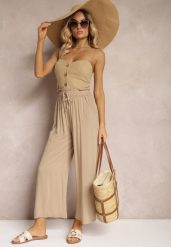 Jasnobeżowe Spodnie Palazzo High Waist z Bawełny Wykończone Gumką w Talii Nellsea. Brązowe spodnie materiałowe damskie Renee, bez wzorów, z bawełny. Za 39.99 zł.