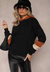 Czarna Bawełniana Bluza z Kapturem i Wstawkami z Polaru Qilin. Czarne bluzy damskie Renee, z aplikacjami, z bawełny, z kapturem. Za 84.99 zł.