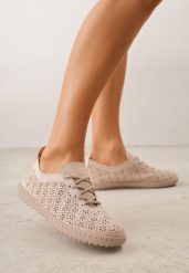 Ciemnobeżowe Tenisówki z Ażurową Cholewką Tidella. Brązowe obuwie sportowe damskie Born2be, w ażurowe wzory, z jeansu, bez zapięcia. Za 69.99 zł.