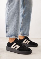 Czarne Skórzane Sneakersy na Kauczukowej Podeszwie z Geometrycznym Motywem Shytyse. Czarne obuwie sportowe damskie Born2be, z dresówki, bez zapięcia. Za 169.99 zł.