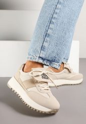 Beżowe Sneakersy na Grubej Podeszwie z Ozdobnym Paskiem Alutra. Brązowe obuwie sportowe damskie Born2be, z jeansu, bez zapięcia. Za 99.99 zł.