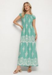 Jasnozielona Wiskozowa Sukienka z Marszczoną Góra i Wzorem Boho Ellifae. Zielone sukienki damskie Born2be, z aplikacjami, z wiskozy, boho, bez ramiączek. Za 89.99 zł.