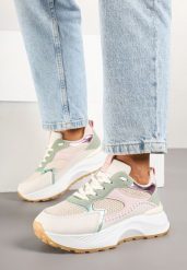 Beżowo-Zielone Sneakersy z Metalicznymi Wstawkami Evelsemi. Brązowe obuwie sportowe damskie Born2be, z jeansu, bez zapięcia. Za 109.99 zł.