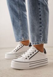 Biało-Czarne Klasyczne Trampki na Grubej Podeszwie Araenes. Białe trampki damskie Born2be, bez wzorów, z jeansu, bez zapięcia. Za 79.99 zł.