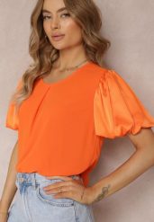 Pomarańczowa Dwuwarstwowa Bluzka z Krótkim Bufiastym Rękawem Tarania. Brązowe bluzki damskie Renee, bez wzorów, bez kołnierzyka, bez ramiączek. Za 59.99 zł.