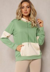 Zielona Oversizowa Bluza Typu Kangurka z Szeroką Kieszenią i Kapturem Iretha. Zielone bluzy damskie Renee, l, bez wzorów, z kapturem. Za 44.99 zł.