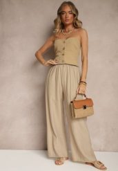 Ciemnobeżowe Wiskozowe Spodnie Palazzo High Waist z Lnem Linaselia. Brązowe spodnie materiałowe damskie Renee, bez wzorów, z jeansu. Za 74.99 zł.