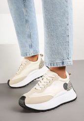 Beżowe Sneakersy Vices na Platformie Ozdobione Naszywką i Panterką Selothiel. Brązowe obuwie sportowe damskie Renee, z jeansu, bez zapięcia. Za 109.99 zł.