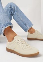Beżowe Sneakersy na Płaskiej Podeszwie z Ekoskóry ze Sznurowaniem Venioza. Brązowe obuwie sportowe damskie Born2be, bez zapięcia. Za 64.99 zł.