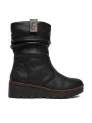 Rieker Kozaki CEO-X9155-00 Czarny. Czarne kozaki damskie Rieker, ze skóry, bez obcasa, na koturnie, bez zapięcia. Za 379.99 zł.