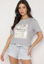 Jasnoszary Bawełniany T-shirt Ozdobiony Nadrukiem Nelltaria. Szare t-shirty damskie Born2be, m, bez wzorów, z bawełny, bez kołnierzyka. Za 39.99 zł.
