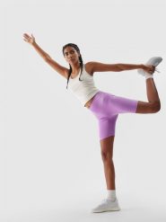 4F Legginsy kolarki treningowe z materiału z recyklingu damskie - fioletowe L. Fioletowe legginsy damskie 4F, l, bez wzorów, z dzianiny. Za 39.99 zł.