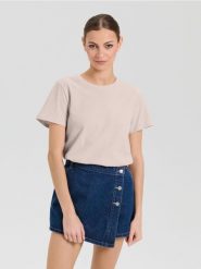 Bawełniana koszulka basic - beżowy. Brązowe koszulki damskie Sinsay, l, bez wzorów, z bawełny, bez kołnierzyka, bez ramiączek. Za 9.99 zł.