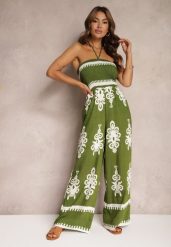 Zielony Taliowany Kombinezon z Wiskozy Ozdobiony Geometrycznym Motywem Perceria. Zielone sukienki damskie Renee, bez wzorów, z wiskozy, eleganckie, bez ramiączek. W wyprzedaży za 99.99 zł.