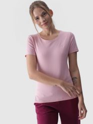 4F T-shirt slim gładki damski - różowy M. Czerwone t-shirty damskie 4F, m, bez wzorów, z bawełny, bez kołnierzyka. W wyprzedaży za 29.99 zł.