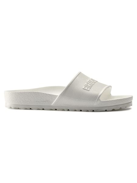 Klapki damskie Birkenstock Barbados. Białe klapki damskie Birkenstock, bez wzorów, z materiału, bez obcasa, bez zapięcia. Za 179.00 zł.