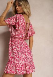 Fuksjowa Sukienka z Bawełny o Rozkloszowanym Kroju Ozdobiona Falbanami i Gumką w Talii Neliaura. Czerwone sukienki damskie Renee, bez wzorów, z bawełny, eleganckie, bez ramiączek. W wyprzedaży za 38.49 zł.