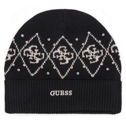 Czapka Guess. Czarne czapki damskie Guess, na zimę, z aplikacjami. Za 174.99 zł.