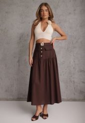 Brązowa Elegancka Spódnica z Wiskozą i Lnem o Rozkloszowanym Kroju Phridoe. Brązowe spódnice damskie Renee, m, bez wzorów, ze lnu, eleganckie, maxi. Za 119.99 zł.