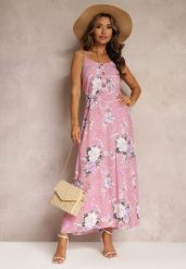 Różowa Sukienka w Kwiaty na Ramiączkach Lydienne. Czerwone sukienki damskie Renee, bez wzorów, z tkaniny, bez ramiączek. W wyprzedaży za 39.99 zł.