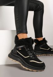Czarne Płaskie Trapery Sneakersy z Metaliczną Wstawką i Futerkiem Adelanora. Czarne obuwie sportowe damskie Born2be, z jeansu, bez zapięcia. Za 129.99 zł.