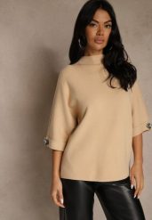 Beżowy Sweter z Cyrkoniami przy Rękawach Corentusa. Brązowe swetry klasyczne damskie Renee, m, z jeansu, bez kołnierzyka. Za 79.99 zł.