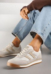 Beżowe Sneakersy Ozdobione Paskami Nairalina. Brązowe obuwie sportowe damskie Renee, z jeansu, bez zapięcia. Za 89.99 zł.