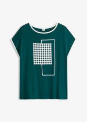 T-shirt z kontrastową lamówką. Zielone t-shirty damskie bonprix, bez wzorów, bez kołnierzyka. Za 19.99 zł.
