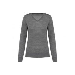 Damski sweter z merynosów z dekoltem v-neck Kariban Premium. Szare swetry klasyczne damskie KARIBAN, na zimę, z wełny, bez kołnierzyka. W wyprzedaży za 268.00 zł.