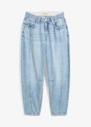 Jeansy barrel, mid waist, cropped. Niebieskie jeansy damskie bonprix. Za 139.99 zł.