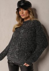 Czarny Sweter z Dodatkiem Wiskozy i Ozdobnym Splotem Cialara. Czarne swetry klasyczne damskie Renee, z jeansu, bez kołnierzyka. Za 59.99 zł.