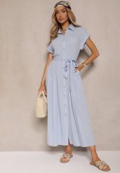 Niebieska Koszulowa Sukienka z Wiskozy z Paskiem Rinaira. Niebieskie sukienki damskie Renee, bez wzorów, z materiału, eleganckie, bez ramiączek. W wyprzedaży za 97.99 zł.
