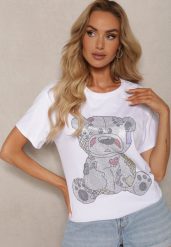 Biały T-shirt z Bawełny Ozdobiony Cyrkoniami Indilla. Białe t-shirty damskie Renee, uniwersalny, z aplikacjami, z bawełny, bez kołnierzyka. Za 39.99 zł.