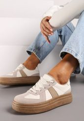 Ciemnobeżowe Sneakersy na Grubej Podeszwie z Ozdobnymi Przeszyciami Ysdole. Brązowe obuwie sportowe damskie Renee, z materiału, bez zapięcia. Za 109.99 zł.