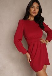 Różowa Sukienka Ozdobiona Bufiastymi Rękawami i Marszczeniem Vedelli. Czerwone sukienki damskie Renee, bez wzorów, eleganckie, bez ramiączek. W wyprzedaży za 91.99 zł.