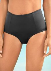 Figi bikini z wysoką talią i standardowym wycięciem na nogi. Czarne bikini bonprix, bez wzorów. Za 62.99 zł.