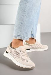 Beżowe Sneakersy z Ażurowym Zdobieniem i Metalicznymi Wstawkami Sesovienna. Brązowe obuwie sportowe damskie Renee, z jeansu, bez zapięcia. Za 84.99 zł.