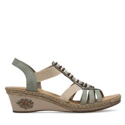 Sandały Rieker. Zielone sandały damskie Rieker, bez wzorów, bez obcasa, na koturnie, bez zapięcia. Za 299.99 zł.