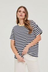 Bluza oversize w paski granatowa. Bluzy damskie MOODO, l, bez wzorów, z bawełny, bez kaptura. Za 79.99 zł.