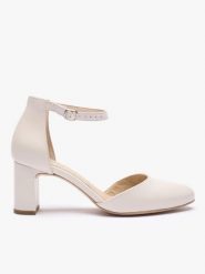 Kremowe ślubne czółenka ze skóry licowej. Brązowe czółenka damskie Ryłko, bez wzorów, ze skóry, z okrągłym noskiem, bez obcasa, na obcasie. Za 399.99 zł.