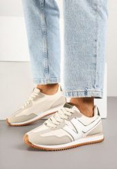 Jasnobeżowe Sneakersy z Metaliczną Lamówką i Geometrycznym Wzorem Tosvella. Brązowe obuwie sportowe damskie Born2be, z jeansu, bez zapięcia. Za 84.99 zł.