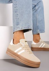 Beżowe Sneakersy na Platformie z Minimalistycznymi Przeszyciami Teritha. Brązowe obuwie sportowe damskie Born2be, z materiału, bez zapięcia. Za 109.99 zł.