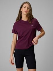 4F T-shirt boxy gładki damski - burgundowy M. Czerwone t-shirty damskie 4F, m, bez wzorów, z bawełny, bez kołnierzyka. Za 49.99 zł.