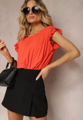 Pomarańczowy Plisowany Top Koszulka z Krótkim Rękawem Meavina. Brązowe bluzki damskie Renee, l, bez wzorów, bez kołnierzyka, bez ramiączek. Za 39.99 zł.