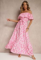 Różowa Kwiatowa Sukienka Typu Hiszpanka z Bawełną Tiarice. Czerwone sukienki damskie Renee, bez wzorów, z bawełny, eleganckie, bez ramiączek. W wyprzedaży za 63.99 zł.